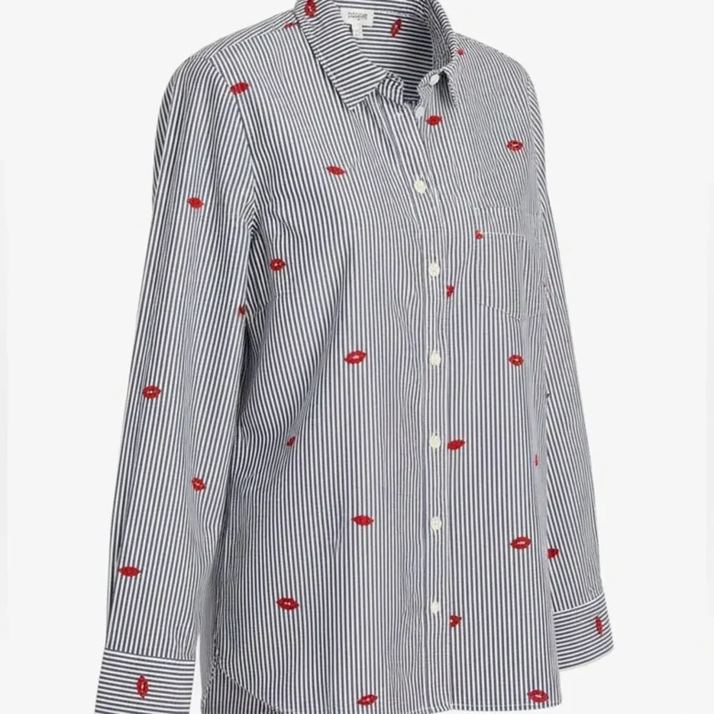 J. Crew Gray Striped Classic Boy Shirt Embroidered Kisses valentine's Day size 2
